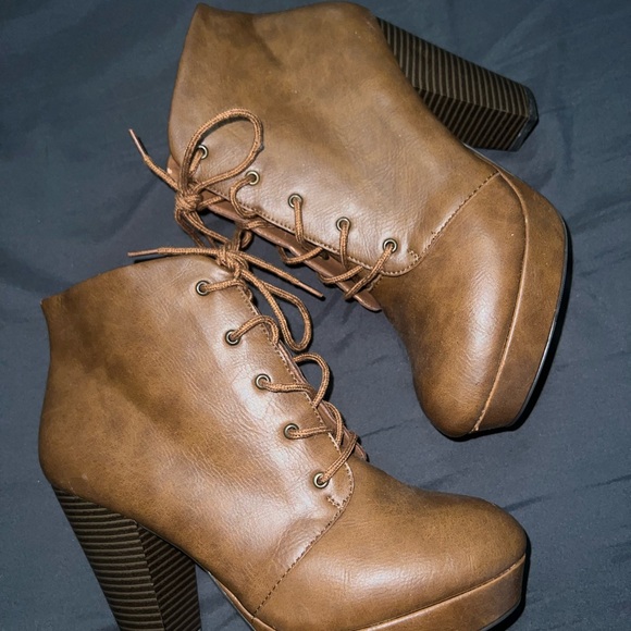 Brash Light Brown Heeled Lace-Up Boots - Picture 1 of 7